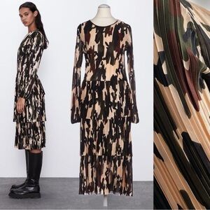 ZARA Tiered Camouflage Midi Pleated Dress Long Sleeves Brown Beige Black Army S